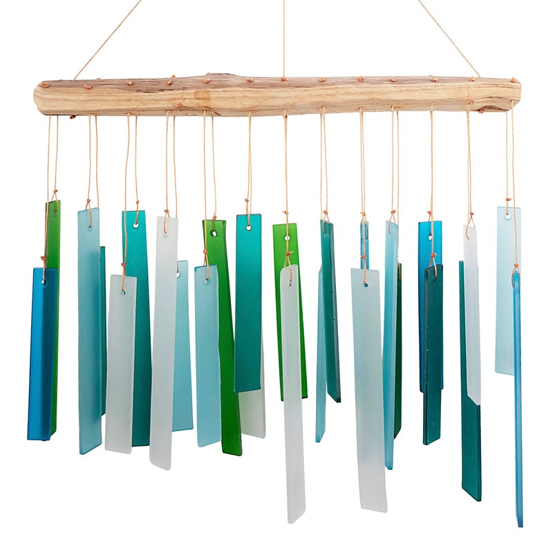 Gift Essentials Blue Handworks Sea Glass and Driftwood Chime - Sandblasted Glass and Found Wood Hand Crafted Wind Chime - Image 1